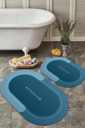 Bathroom Yazılı Şeritli Mavi 2'li Halı Takımı (60x100/40x60) - Wllybny-109 WLLY-BNY-109 - 2