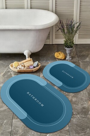 Bathroom Yazılı Şeritli Mavi 2'li Halı Takımı (60x100/40x60) - Wllybny-109 WLLY-BNY-109 - 1