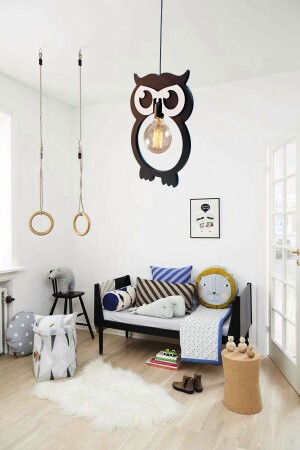 Baykuş Ahşap Çocuk Bebek Odası Avize Dekoratif Sarkıt Ahşap Lüks Rustik Modern Dekoratif Lamba UTMBYKŞ01 - 2