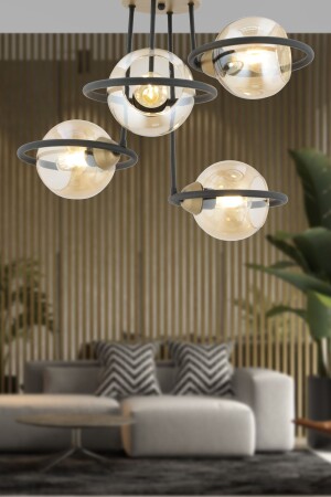 Becca 4'lü Siyah Eskitme Bal Camlı Top Avize Modern Oturma Odası Salon Avize 4100-04-FR-BL - Apliqa