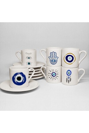 Bedrucktes Porzellan-Set mit 6 türkischen Kaffeetassen mit Evil Eye-Motiv KFT628KF - 1