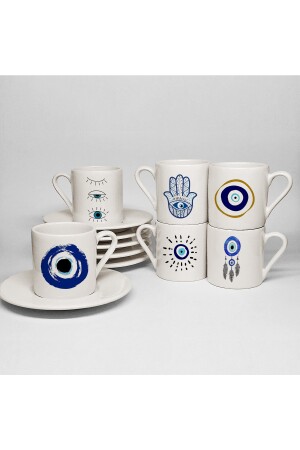 Bedrucktes Porzellan-Set mit 6 türkischen Kaffeetassen mit Evil Eye-Motiv KFT628KF - 2