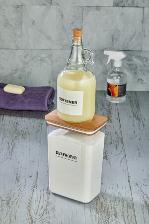 Behälter für Pulverwaschmittel mit Holzdeckel, Glimmer, 2900 ml – und Flasche für Weichspüler aus Glas mit Korkdeckel, 1000 ml 97946464666 - 8