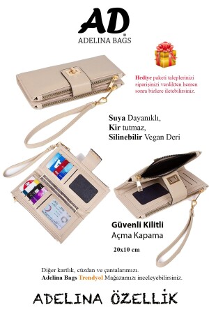 Beige Damen-Geldbörse mit Telefon- und Kartenhalter, Münzfach, verschließbarer Handschlaufe, Portfolio-Geldbörse - 5