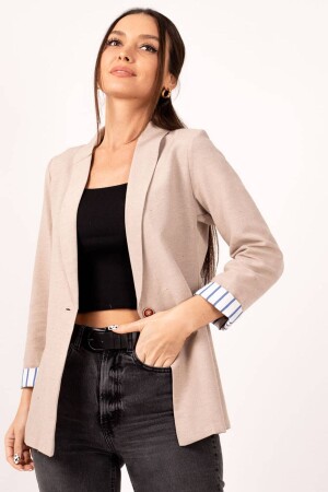 Beige gestreifte Innenärmeljacke mit einem Knopf für Damen ARM-22K001122 - 1