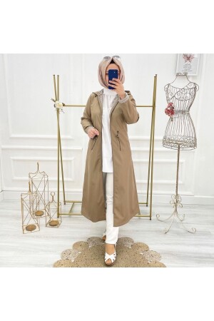 Beige gestreifter, wasserdichter Damen-Trenchcoat mit Innenfutter 254191 - 2