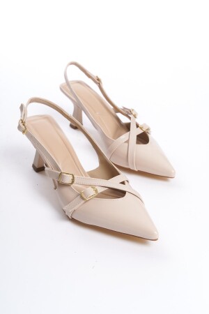 Beige Lackleder-Schuhe mit spitzer Zehenschnalle und 5 cm hohem Absatz - 2