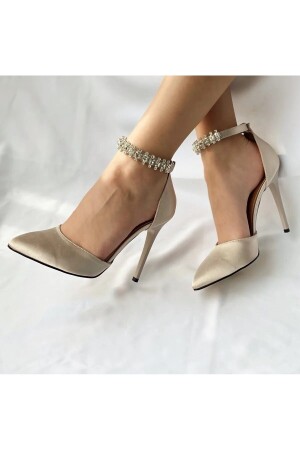 Beige Satin-Abendschuhe mit Stiletto-Absatz und Steinabsatz - 1