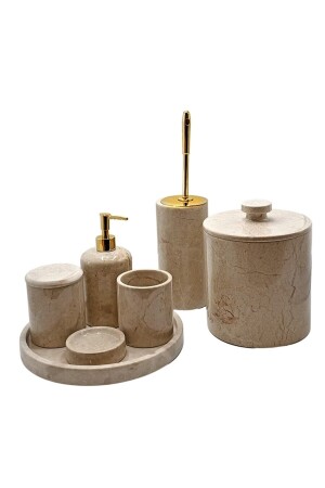 Beigefarbenes Marmor-Gold-Set mit 7 Badezimmer-Sets mit goldenen Details. BEIGE RUNDGOLD0GOLDGOLD7 - 1