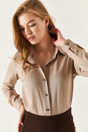 Beiges, langärmliges, schlichtes Damenhemd ARM-18Y001176 - Armonika
