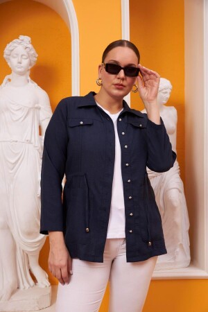 Bel Bağcık Detaylı Büyük Beden Lacivert Keten Ceket - Rmg