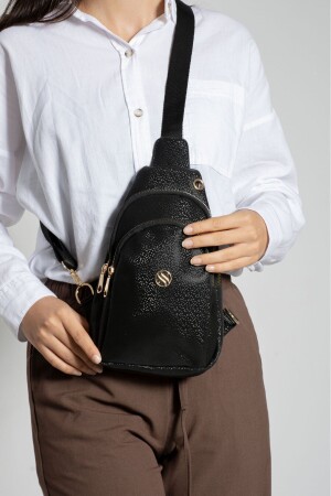 حقيبة الحافة والصدر للمرأة حقيبة الجسم الذهبية الملحقات السوداء الساتين النسيج الموزايك مع منفذ سماعات الرأس - Sanmorris