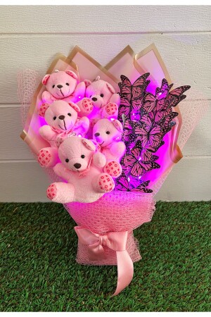 Beleuchteter rosa Teddybär-Blumenstrauß mit Schmetterlingen als Geschenk für Liebhaber - 1