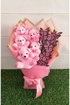 Beleuchteter rosa Teddybär-Blumenstrauß mit Schmetterlingen als Geschenk für Liebhaber - 3