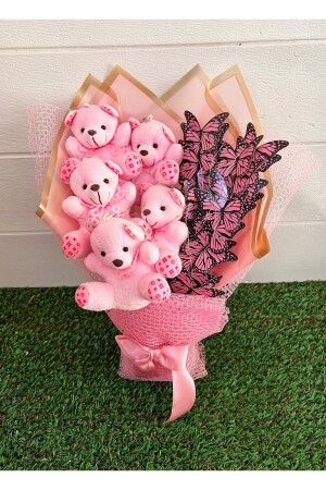 Beleuchteter rosa Teddybär-Blumenstrauß mit Schmetterlingen als Geschenk für Liebhaber - 4