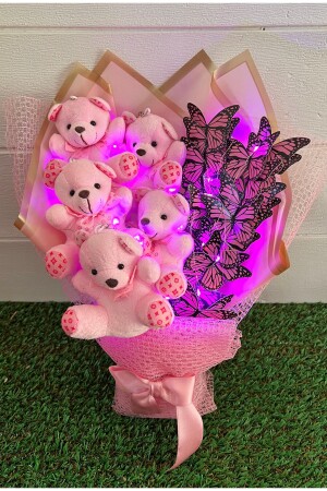 Beleuchteter rosa Teddybär-Blumenstrauß mit Schmetterlingen als Geschenk für Liebhaber - 5