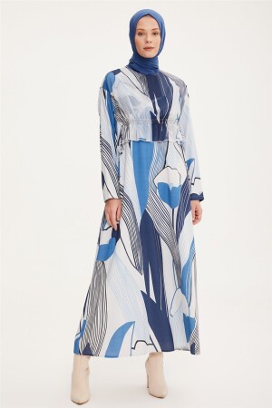 Beli Ayarlanabilen Desenli Elbise 22k9519 Mavi - Armine