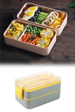 (MNZ-Bento) 2 مستوى حاوية الغذاء الرمادية 900 مل 7480000717244 - KaktüsKedi