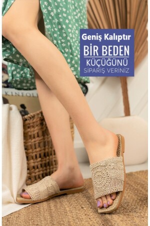 Bequeme Hausschuhe für Damen in Hautbeige mit Spitzendetail, gestrickte, bestickte Sommerhausschuhe der neuen Saison - 1