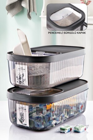 Beschrifteter 2-teiliger Vorratsbehälter für Pulver und Reinigungsmitteltabletten in Jumbo-Größe mit Schiebedeckel, 5-Liter-Box mit Streifen MCH09449 - 2