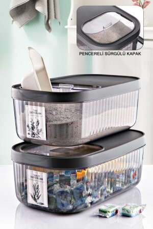 Beschrifteter 2-teiliger Vorratsbehälter für Pulver und Reinigungsmitteltabletten in Jumbo-Größe mit Schiebedeckel, 5-Liter-Box mit Streifen MCH09449 - 1