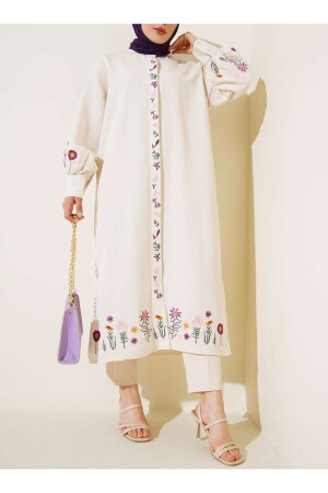 Besticktes Hijab-Kimono-Kleid Ecru-Leinen - Lavanta Tekstil