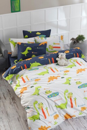 Bettbezug-Set aus 100 % natürlicher Baumwolle, für Doppelbett, Dinos, Weiß, Ep-022923 - 1