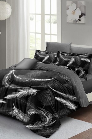 Bettbezug-Set für Doppelbett, eng gewebter Baumwollsatin, 3D-Spezialdesign, dunkle Federn (ohne Laken) PERLASERA26530 - 6