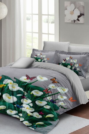 Bettbezug-Set für Doppelbett, eng gewebter Baumwollsatin, 3D-Spezialdesign, florales Frühlingsgrau (ohne Laken) PERLASERA27100 - 2