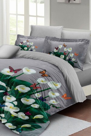 Bettbezug-Set für Doppelbett, eng gewebter Baumwollsatin, 3D-Spezialdesign, florales Frühlingsgrau (ohne Laken) PERLASERA27100 - 3