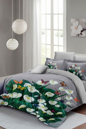 Bettbezug-Set für Doppelbett, eng gewebter Baumwollsatin, 3D-Spezialdesign, florales Frühlingsgrau (ohne Laken) PERLASERA27100 - 1