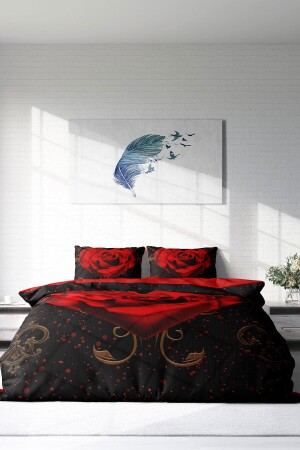 Bettbezug-Set für Doppelbett, eng gewebter Baumwollsatin, 3D-Spezialdesign, rotes schwarzes Herz (ohne Laken) PERLASERA29531 - 3