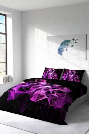 Bettbezug-Set für Doppelbett, eng gewebter Baumwollsatin, 3D-Spezialdesign, violette Rauten (ohne Laken) PERLASERA29609 - 3