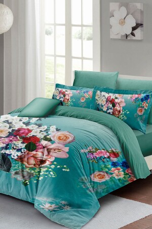 Bettbezug-Set für Doppelbett mit Blumenmuster, Türkis, 3D-Baumwollsatin, monohome2020 - 3