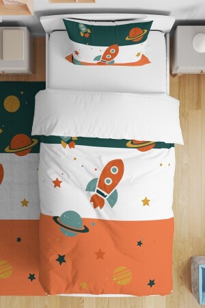 Bettbezug-Set für Einzelbett-Kinder im Retro-Grün-Orange-Raumschiff-Muster - 2