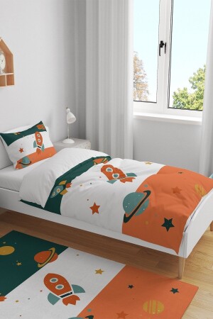 Bettbezug-Set für Einzelbett-Kinder im Retro-Grün-Orange-Raumschiff-Muster - 4