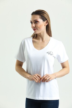 Beyaz Baskı Detaylı Kısa Kollu %100 Pamuk T Shirt - 3