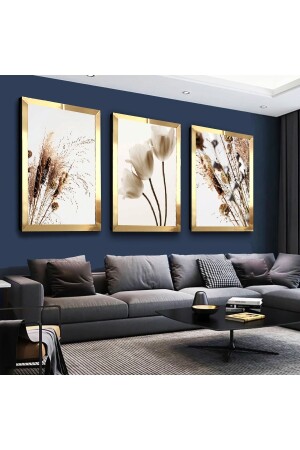 Beyaz Çiçek Gold Pleksi Kenar 3'lü Mdf Tablo Seti - Zevahir Mobilya Dekorasyon