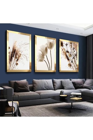 Beyaz Çiçek Gold Pleksi Kenar 3'lü Mdf Tablo Seti ZMDTMP-49 - Zevahir Mobilya Dekorasyon
