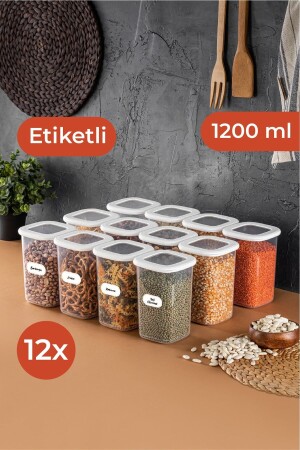 Beyaz Etiketli 12'li Set Orta Boy 1,2 Litre Kare Erzak Saklama Kabı Beyaz BNM12LI - 1