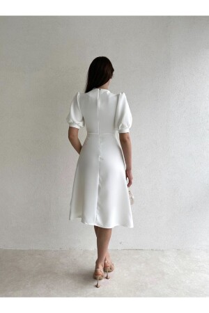 Beyaz Inci Düğme Detaylı Yarım Kol Midi Elbise - 4