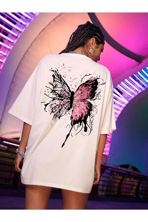 Beyaz Kelebek Baskılı Oversize Penye T-shirt - 1