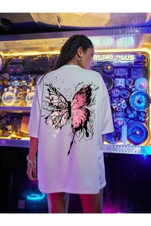 Beyaz Kelebek Baskılı Oversize Penye T-shirt - 2