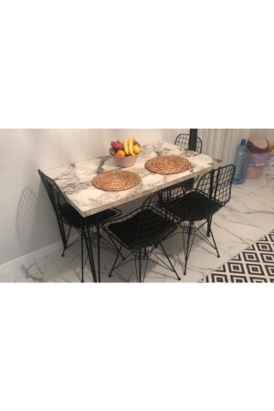 Beyaz Mermer Desen Yemek Mutfak Masası 4 Kişilik Tel Sandalyeli - 1