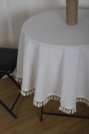 Beyaz Pamuk Keten Yuvarlak Ham Ponponlu Masa Örtüsü - Ndc Home