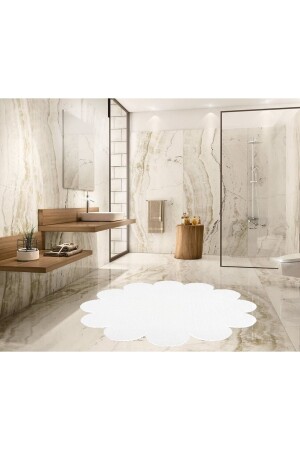 Beyaz Papatya Şekilli Peluş Post Halı Yıkanabilir Kaymaz Taban Pufy Halı seriapapatyahalı55 - SERİA HALI