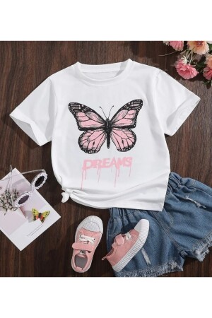 Beyaz Pembe Dreams Butterfly Baskılı Çocuk Tshirt - 1