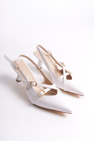 Beyaz Rugan 5 Cm Topuklu Ayakkabı Stiletto Bantlı Toka Detaylı Sivri Burun Nikah Düğün Gelin Ayakkab - 2
