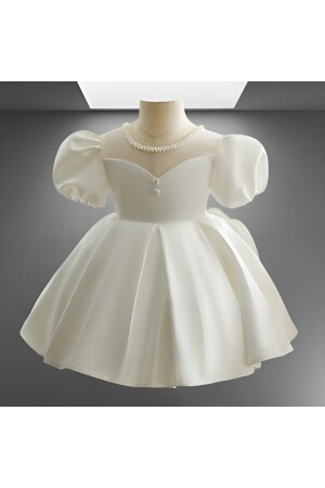 Beyaz Saten İnci Detaylı Balon Kol Özel Tasarım Elbise WioBeyazİnciDetBalKolTasarımElbise000 - 1