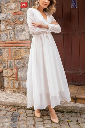 Beyaz Uzun Kruvaze Yaka Anvelop Şifon Büyük Beden Elbise - 1